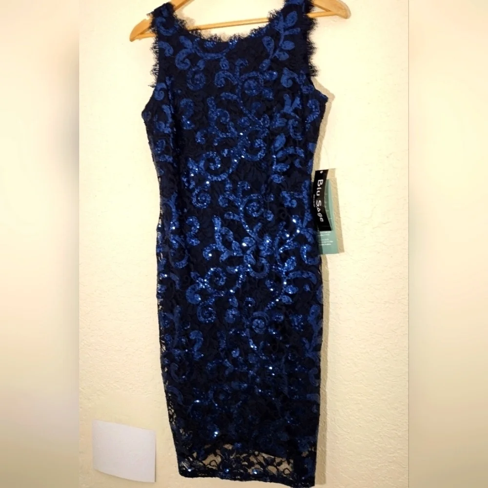 Blu Sage Blue Sequined Sleeveless Midi Dress NWT - Picture 4 of 7